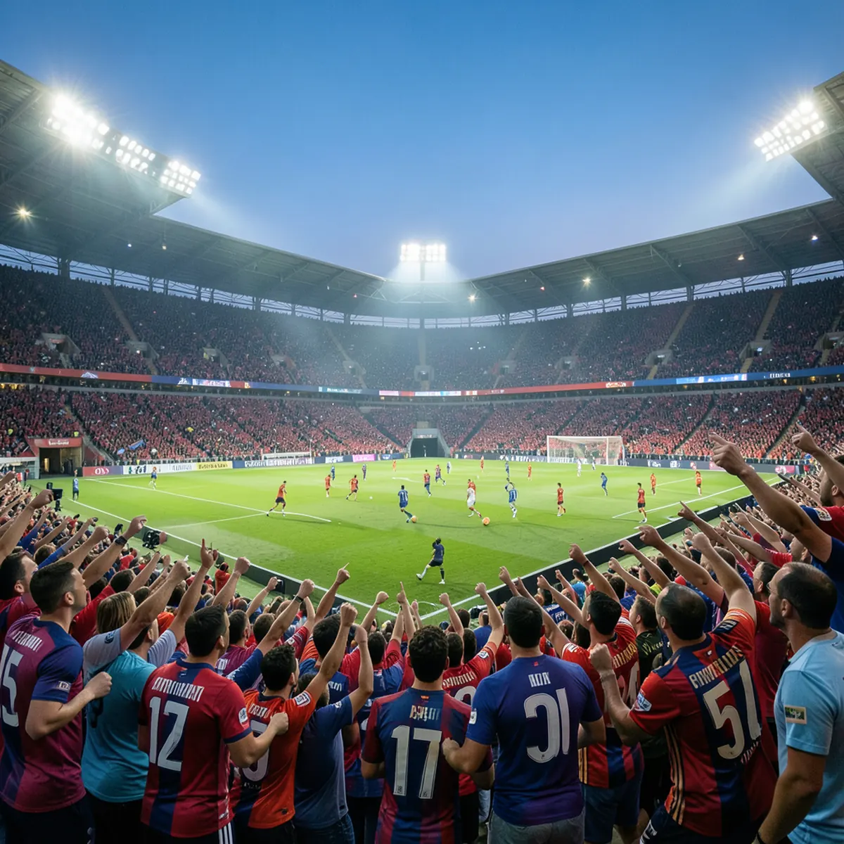 Plan large capturant d'un coup d'œil un match passionnant de la ligue de football européenne, avec l'atmosphère tendue d'un match important se déroulant dans un stade la nuit.