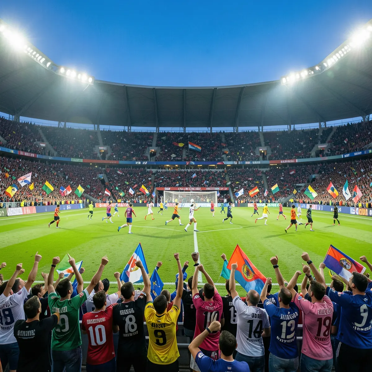 Eurooppalaisen jalkapallostadionin yleiskuva, jossa näkyy vilkas tunnelma: loistavat valot, innoissaan olevat fanit ja liikkuvat pelaajat.