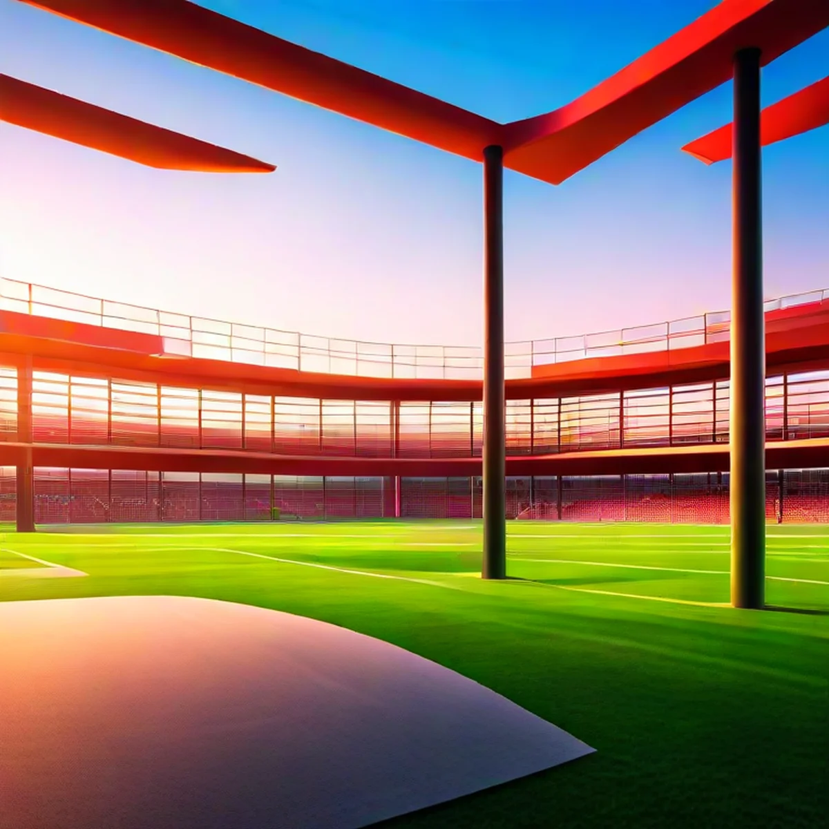 Vue panoramique d'un centre d'entraînement de football moderne au coucher du soleil.