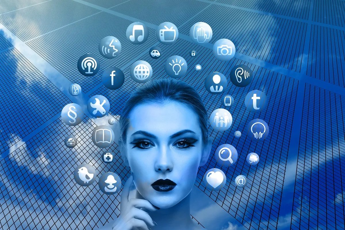 woman, face, social media, thoughts, head, applications, apps, social media applications, icons, nature, circle, tree, networks, internet, social, social networ