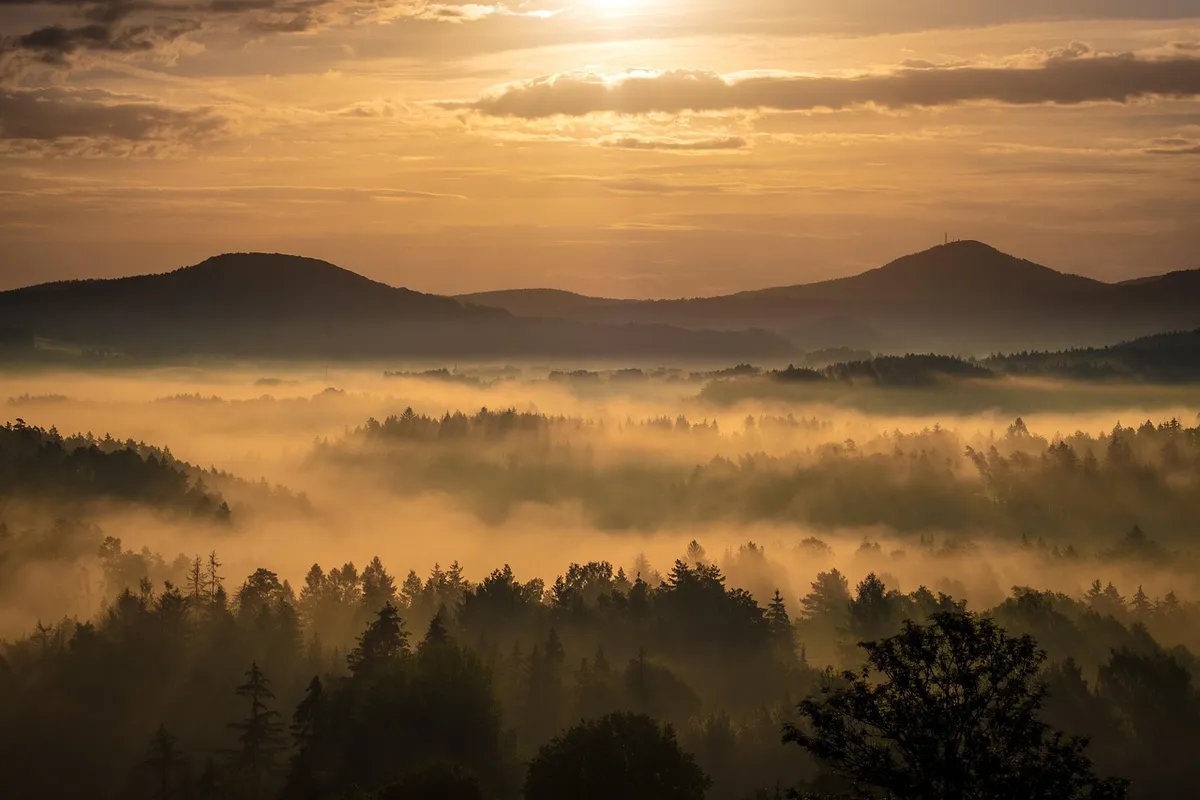 sunrise, fog, landscape, mountains, mist, morning, dawn, sunlight, silhouette, hills, mountain range, nature, scenic, scenery, czech switzerland, bohemian switz