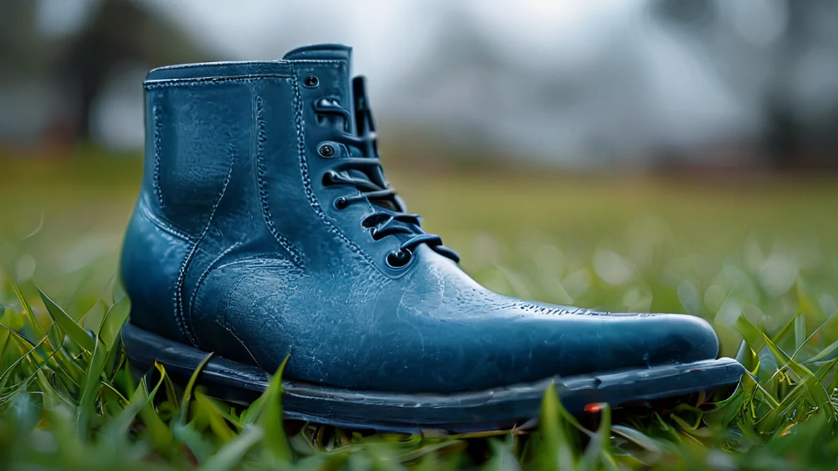 Blue leather player boots, pointed toe, textured surface, on green grass, overcast daylight, shallow depth, photorealistic, sharp focus, high detail