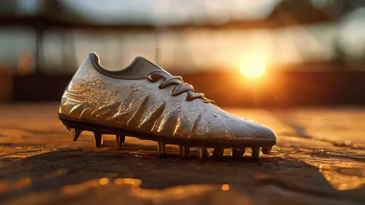 A steel soccer cleat stud, jagged and serrated, on a wooden table under golden hour light, shallow depth of field, photorealistic, sharp focus, high detail