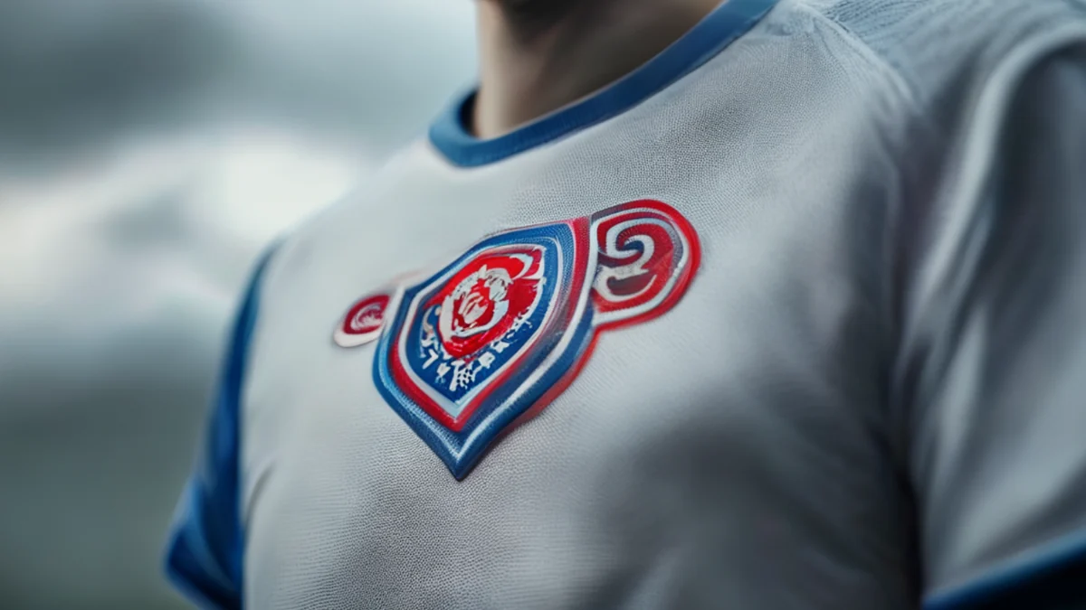 A soccer shirt with a blue club patch, red and white crest, stitched on white shirt, overcast daylight, shallow depth of field, photorealistic, sharp focus, high detail.