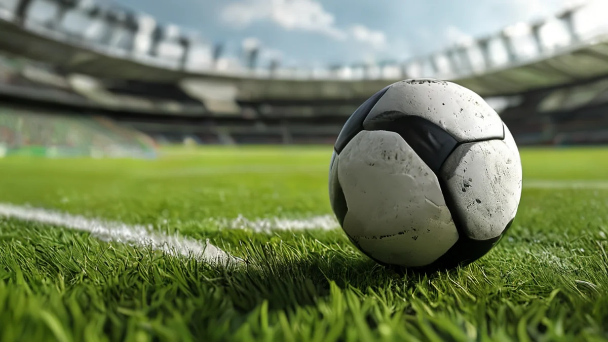 녹색 들판에 축구공이 놓여 있습니다.