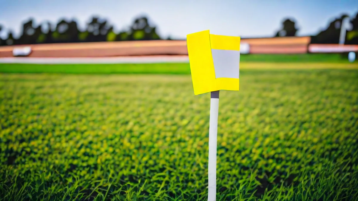 A corner flag placed on grass, showing the flag's shape and the grass around it.