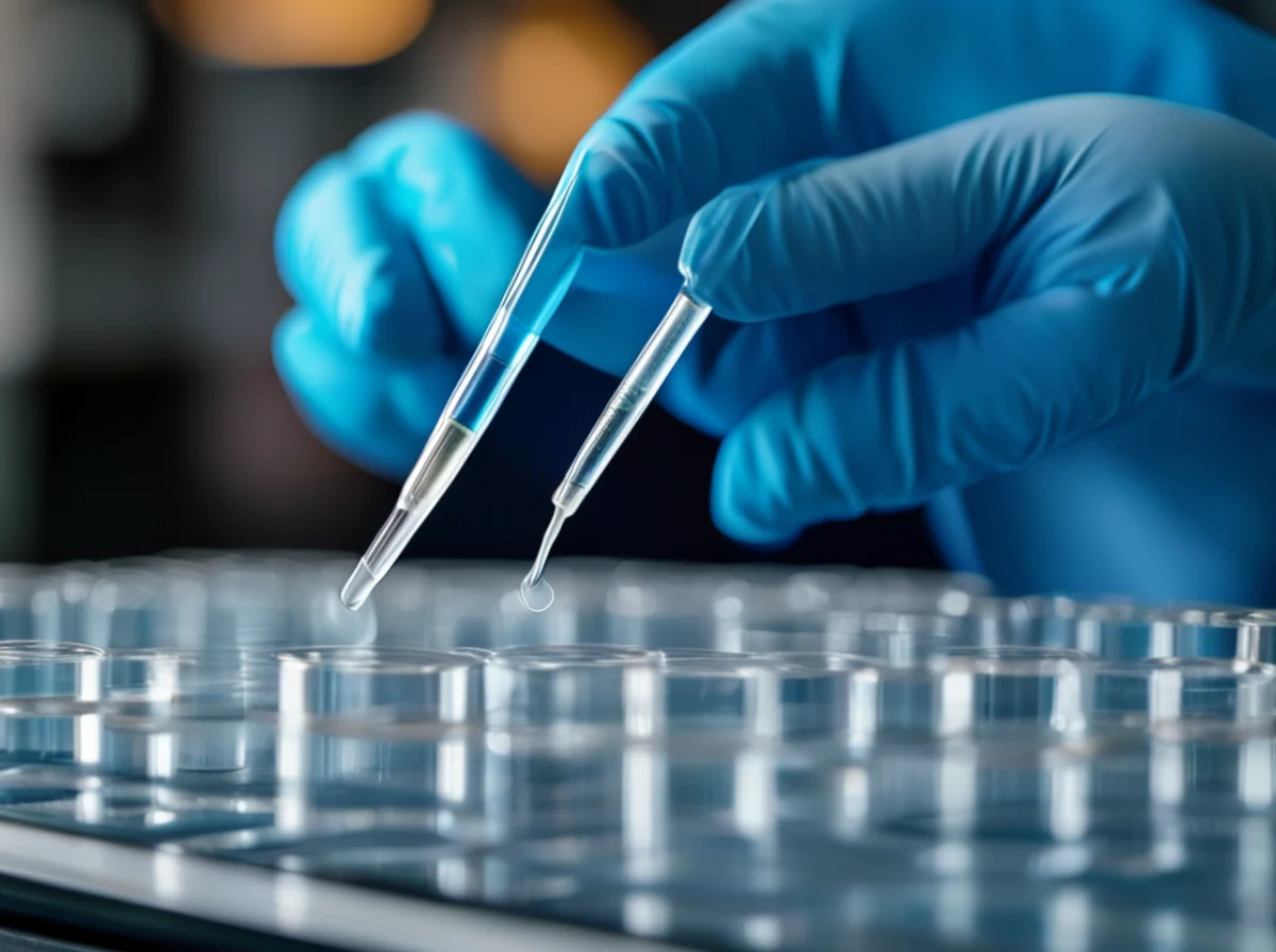 A scientist uses a pipette to measure liquid in a laboratory setting.