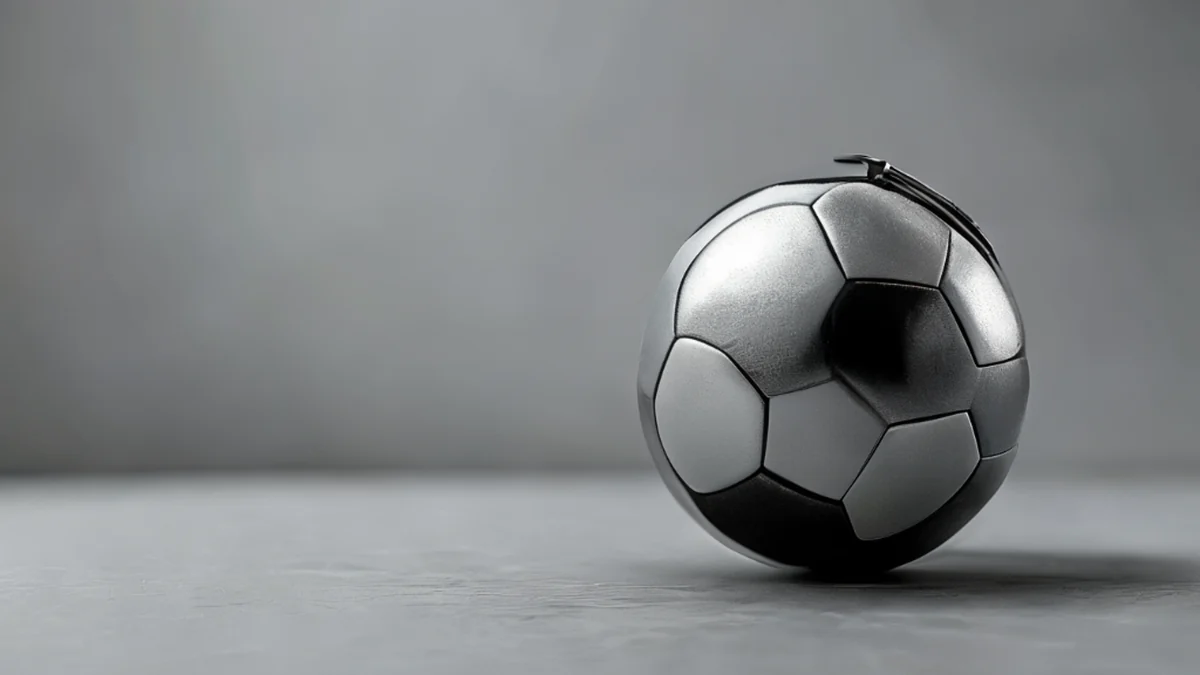 Un único palanca de fútbol en metal, gris de metal, con forma de manija, sobre una mesa gris, bajo luz de studio softbox limpia, profundidad de campo suave, fotorealista, enfoque afilado, detalles altos