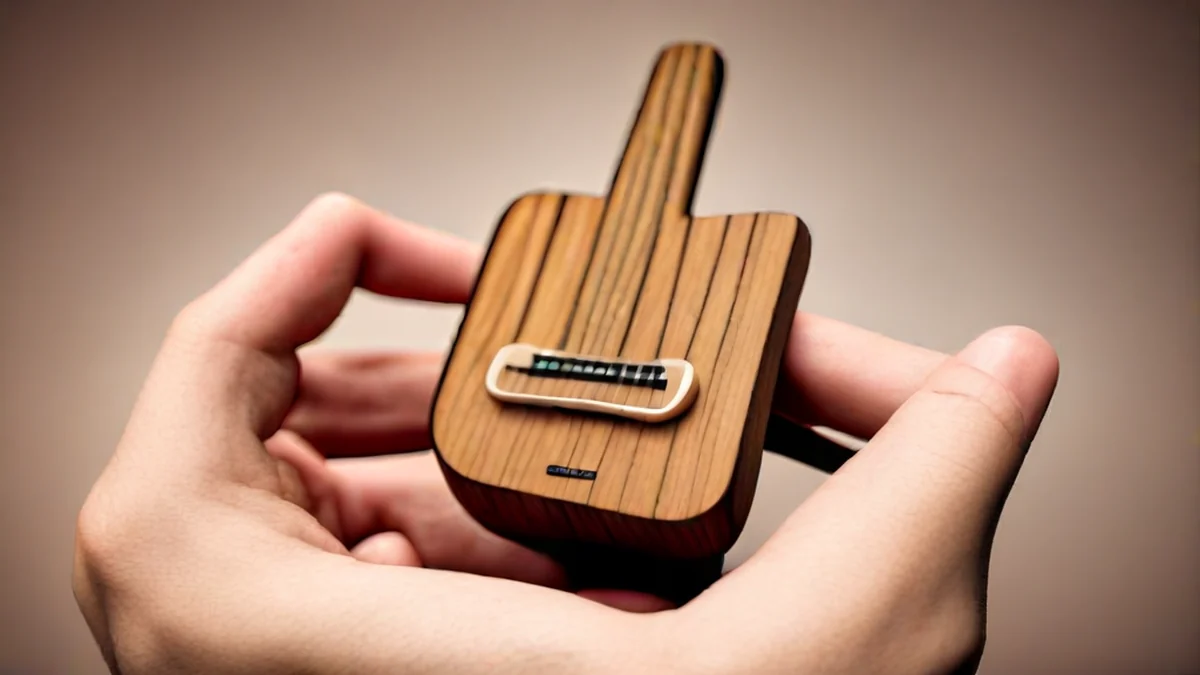 Un ukulele con cuerdas coloridas.