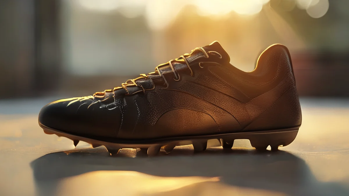 Una sola suola di scarpa da calcio nera, con un botone metallico, su un tavolo bianco, sotto la luce dorata, profondità di campo sottile, fotorealistica, focus acuto, dettagli elevati