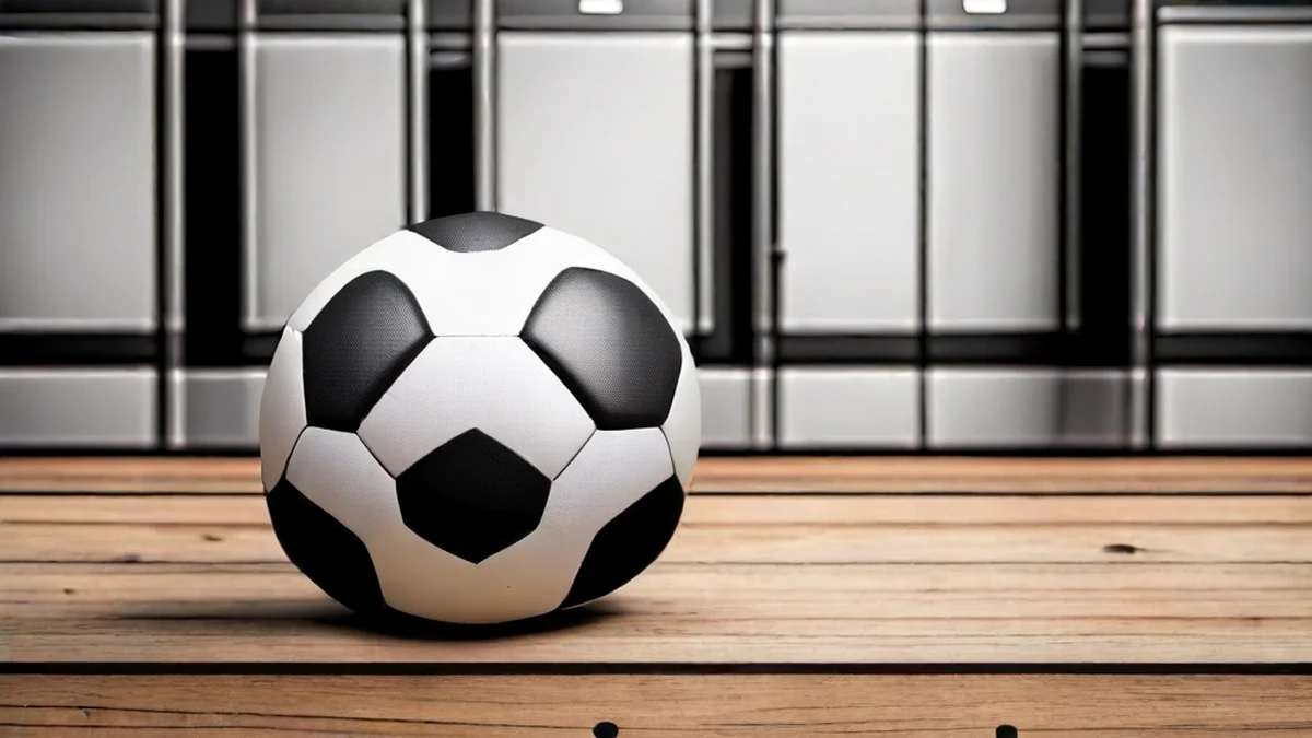 リッカールームに置かれたサッカーボール、赤と白の模様が見えます。