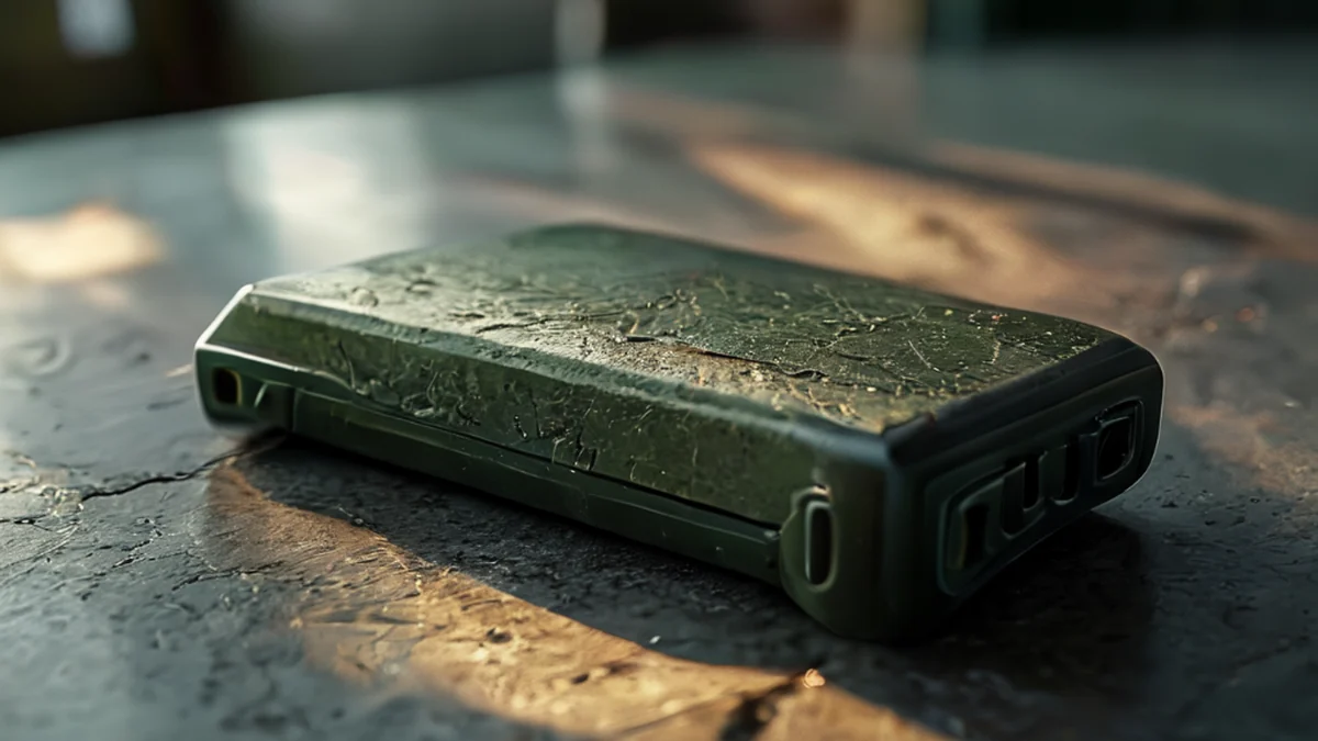 Rugous batterie-protectie, donkergroen, textuurige oppervlak, zacht lekken, op een beton tafel, warme licht, zacht focus, fotorealistisch, hoge details
