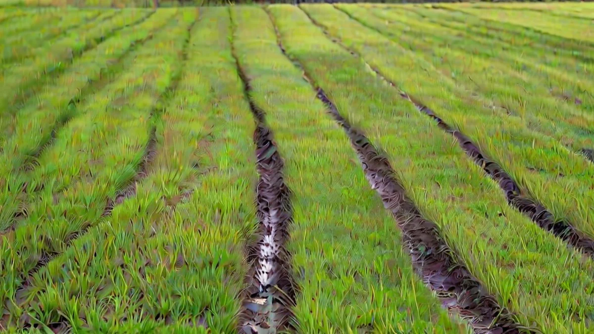 Rizais tradicionais tailandeses, erva verde, caminho de terra, luz quente, profundidade de campo baixa, detalhes fotorealistas