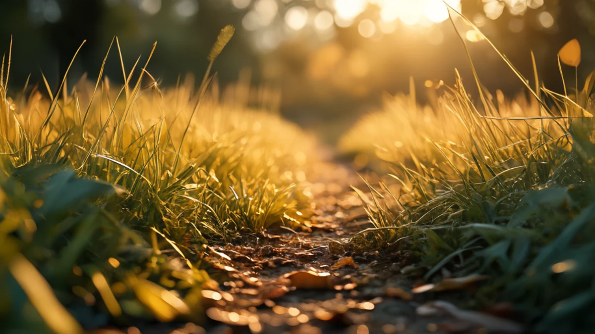 A path through thick grass, bent blades, scattered leaves, golden hour, shallow depth of field, photorealistic, sharp focus, high detail