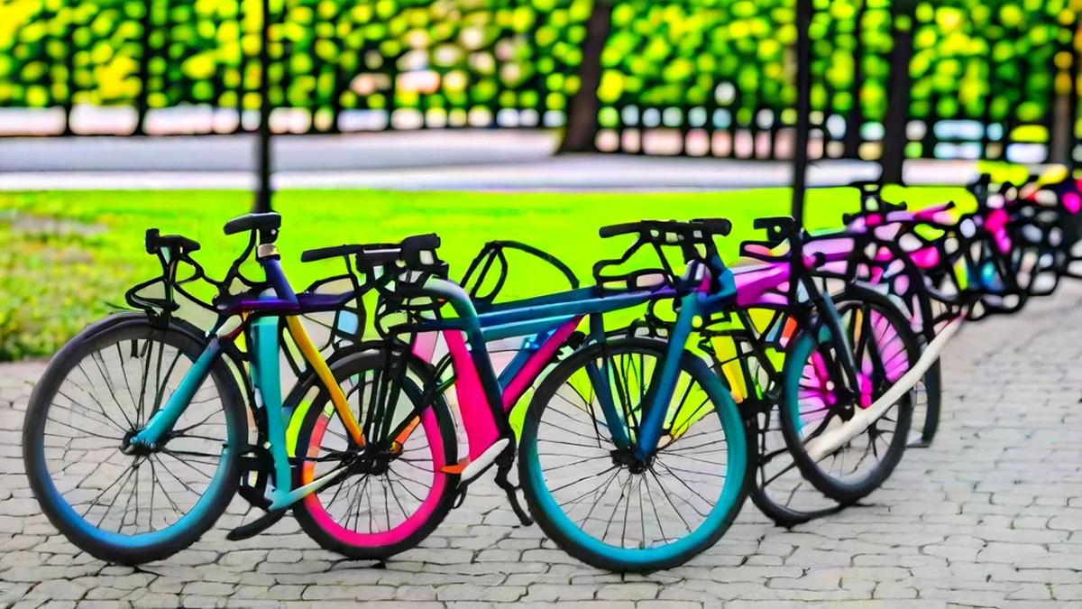 Bicycle rental station with blue and red bikes in a park setting.