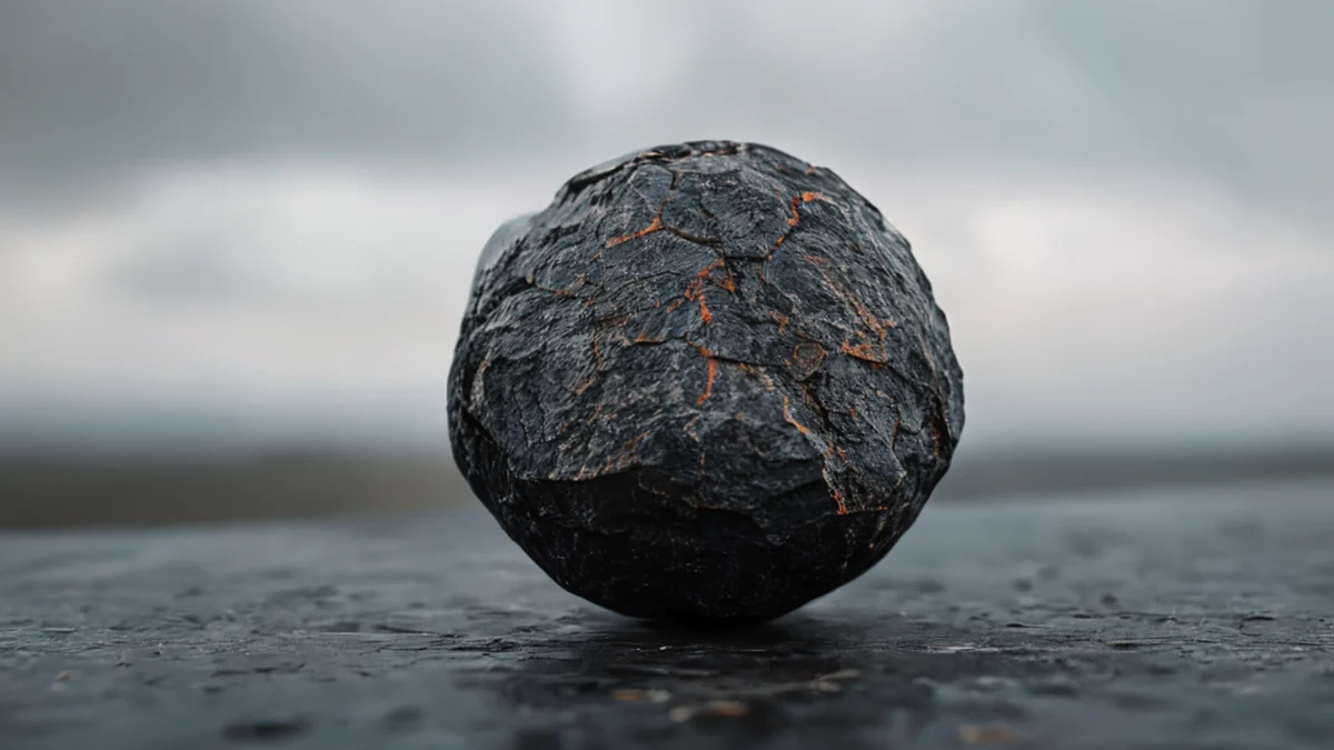 Bola de basalto carbonizada, superficie oscura, sobre una mesa plana, bajo día nublado, profundidad de campo suave, fotorealista, enfoque neto, detalles altos