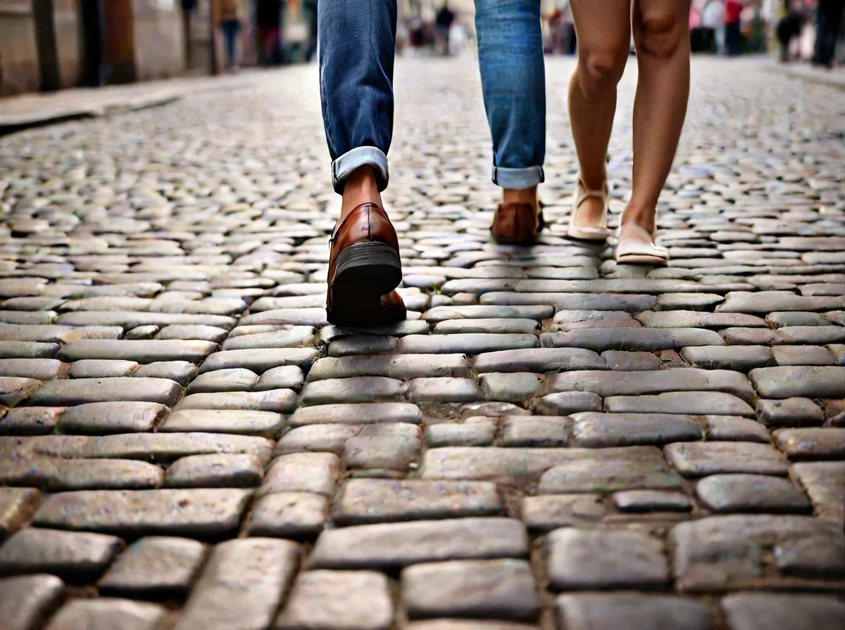 Vue basse, les jambes et les chaussures marchent sur une rue pavée à Berlin. 90mm macro, lumière directionnelle douce, photo réaliste éditoriale, couleur vraie, focus net, détails élevés
