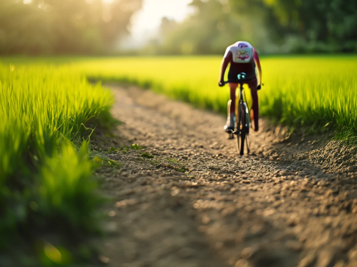 Una persona pedala una bicicletta su una strada di terra stretta tra campi di riso verdi.