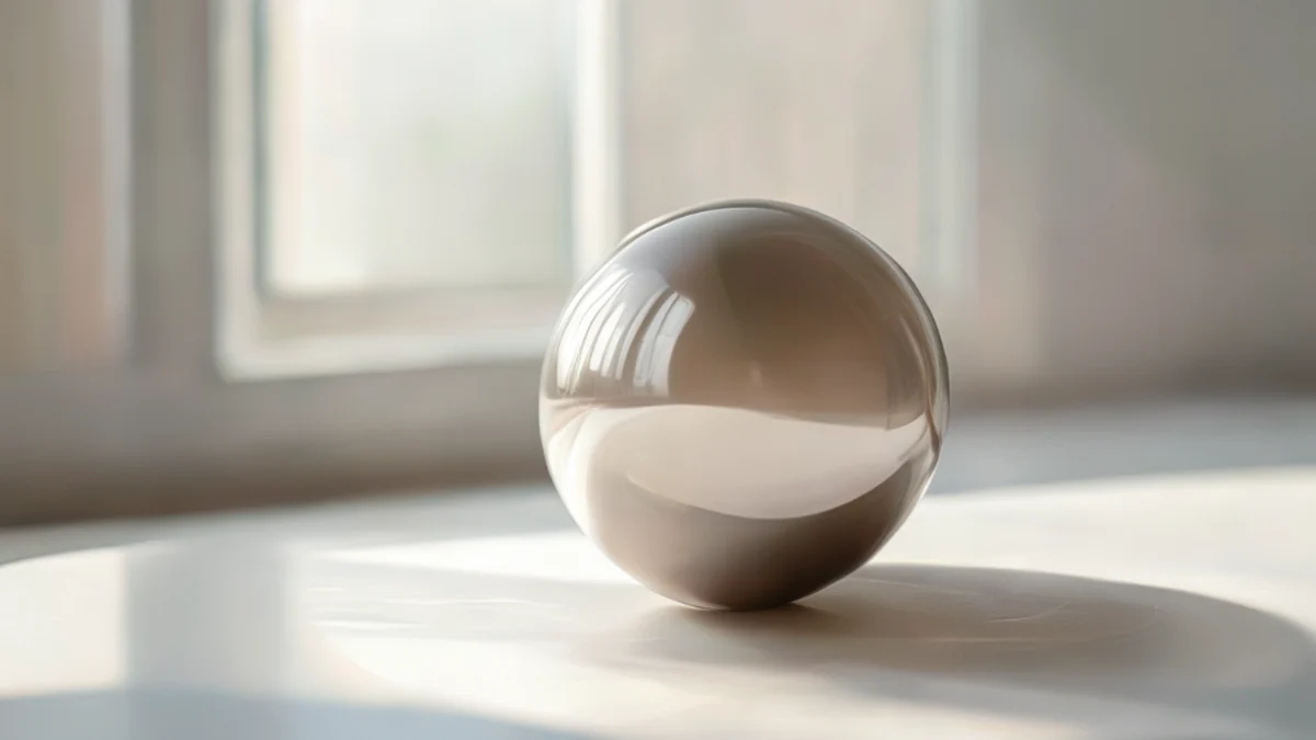 bola disco piatta, superficie brillante, luce soffusa della finestra, su un tavolo bianco, profondità di campo sottile, realismo fotografico, dettagli nitidi