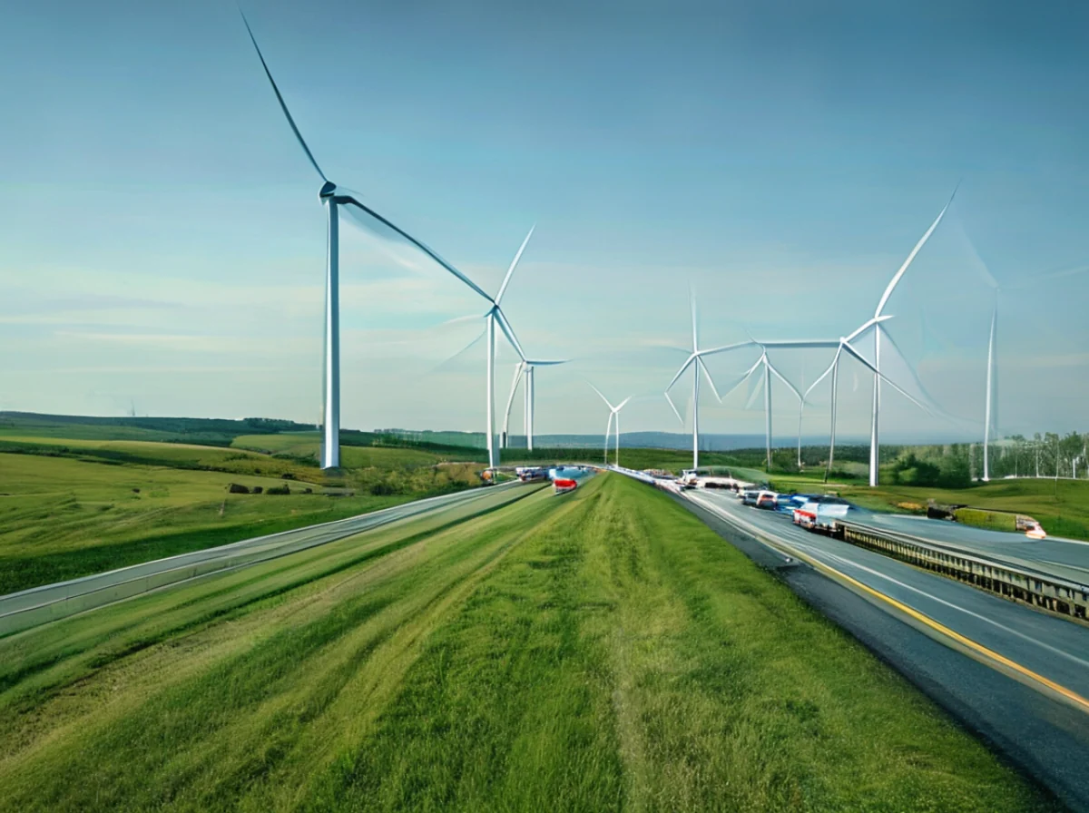 高速道路に近い風力発電所、風力発電所と道路が見えます。