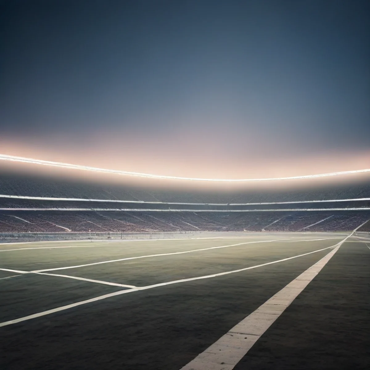 stadio di calcio vuoto al crepuscolo con luci accese