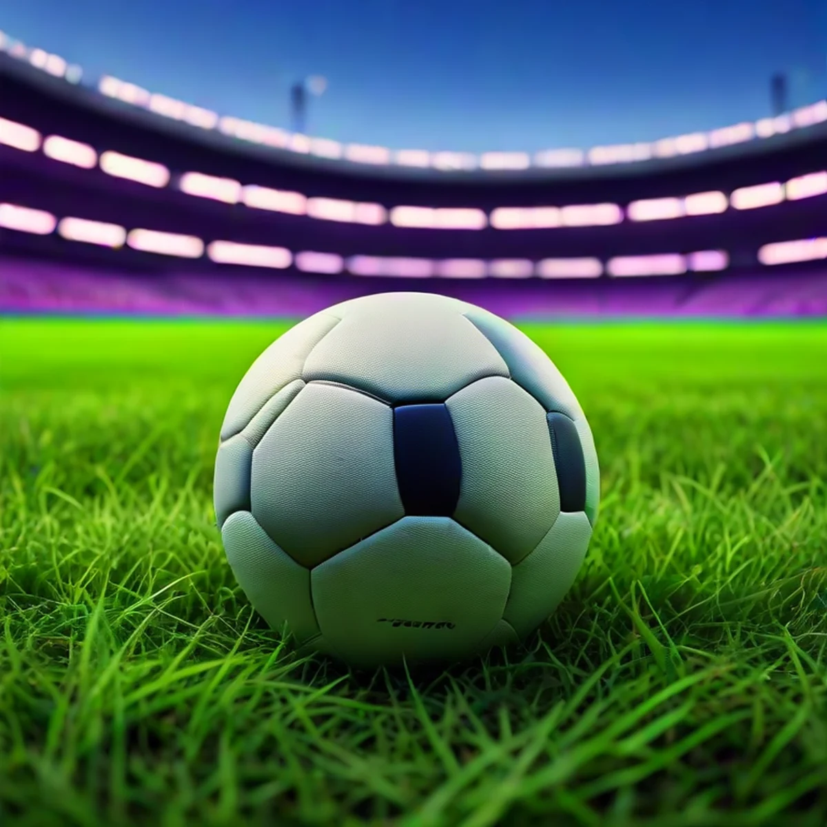 Bola de futebol profissional no gramado de um grande estádio ao entardecer.